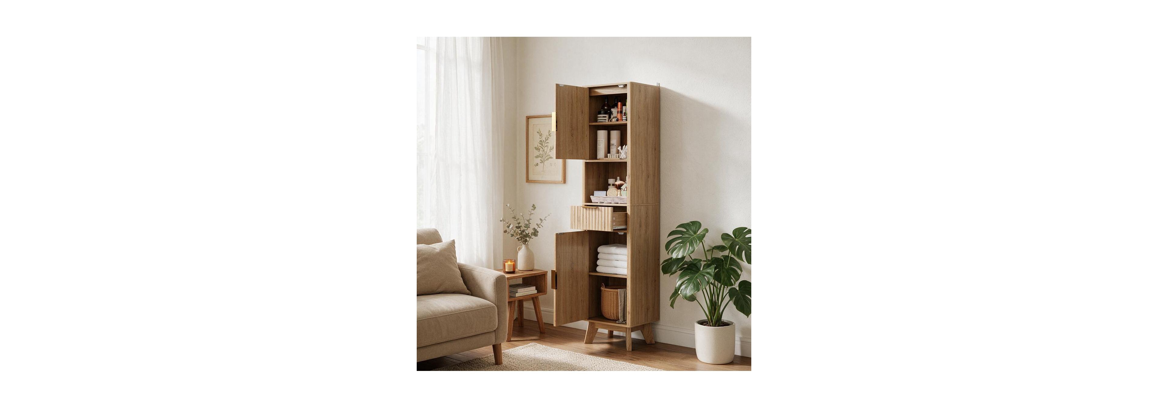 homfan 67" Tall Narrow Bathroom Cabinet with 2 Doors, Open Storage and 1 Drawer, Freestanding Slim for Kitchen Entryway