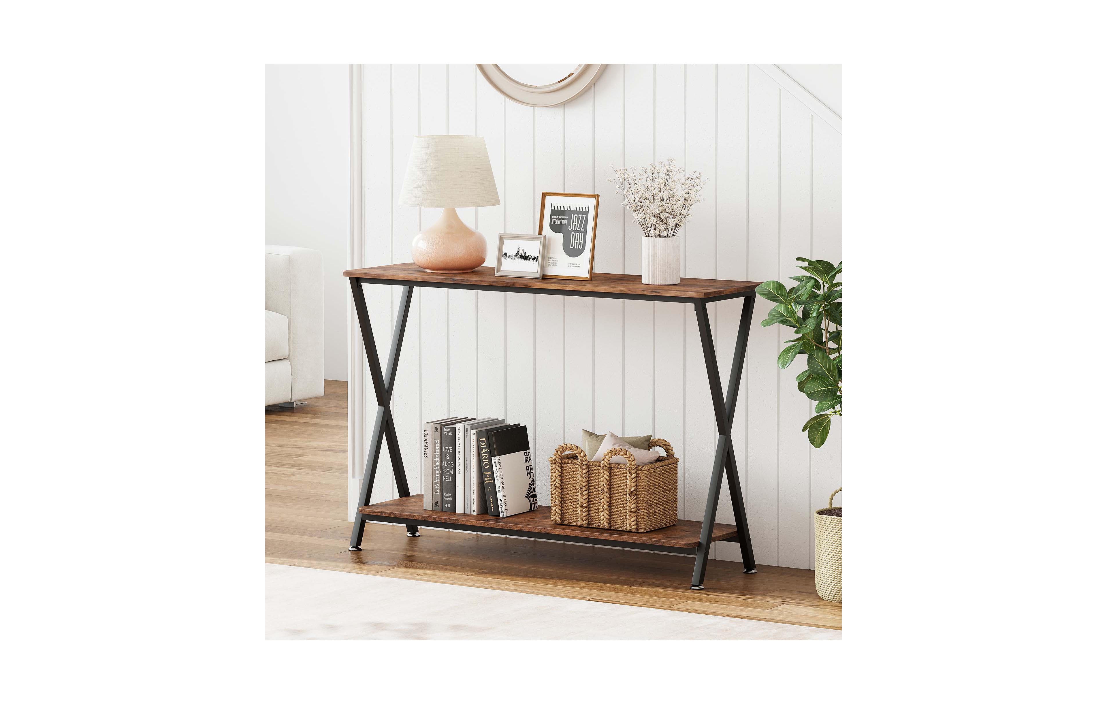homfan 41.34 Inch Industrial Narrow Console Table with Storage Shelf Metal Frame Sofa Table for Entryway Living Room