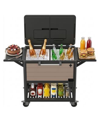 Rolling outdoor cooler cart with dual side lids, foldable wing shelves and omnidirectional casters, with built-in bottle opener