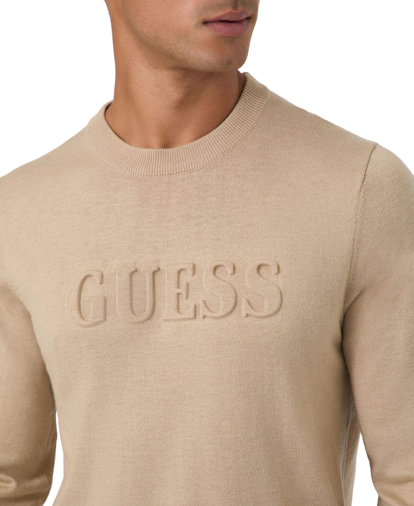Мужской свитер GUESS Myles Crewneck Embossed Logo Long-Sleeve, цвет: Бежевый — фото 3