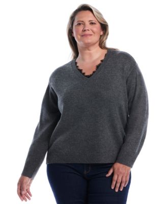 Plus Size Lace Trim V-Neck Long-Sleeve Sweater