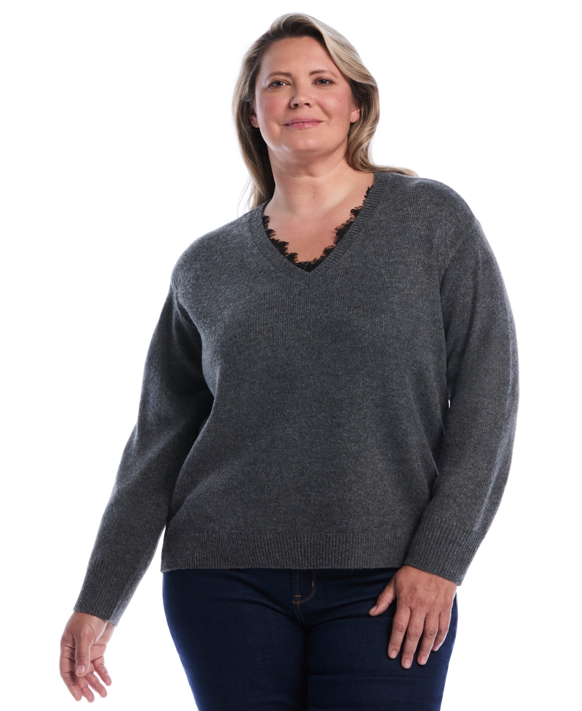 Rafaella Women's Plus Size Lace Trim V-Neck Sweater Top in Charcoal, Size 3X, 100% Polyester
