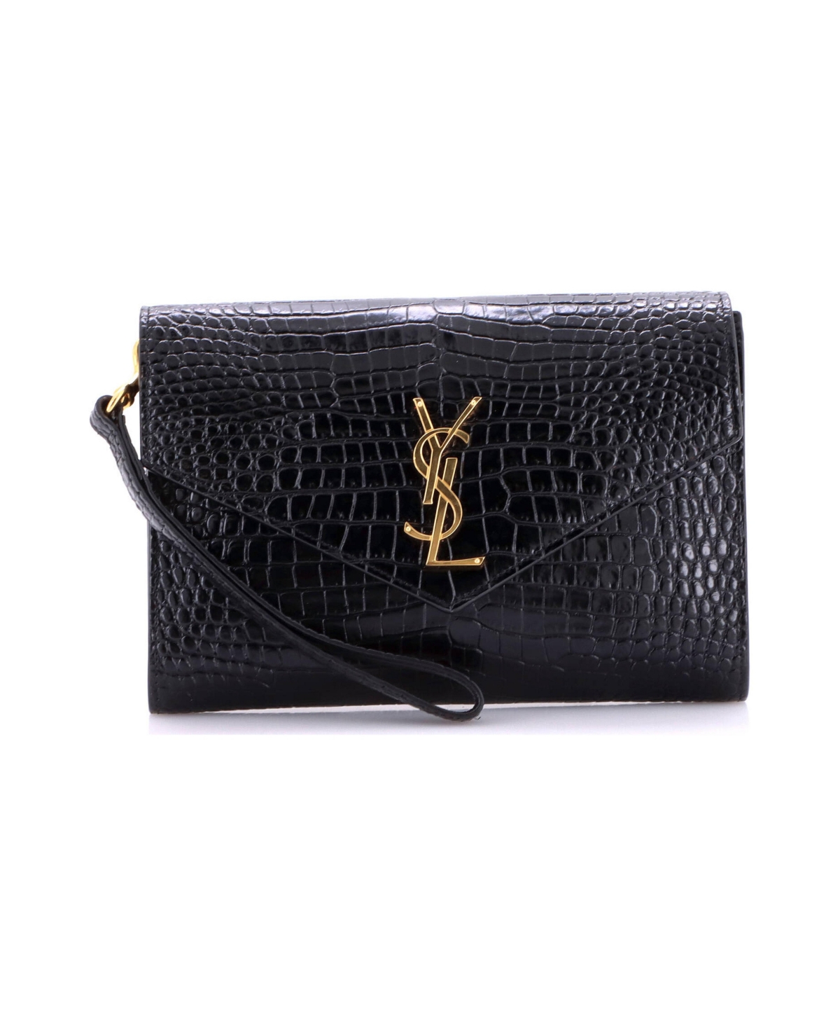 Pre-Owned Saint Laurent Cassandre Flap Envelope Wristlet Pouch Embossed Leather - Black