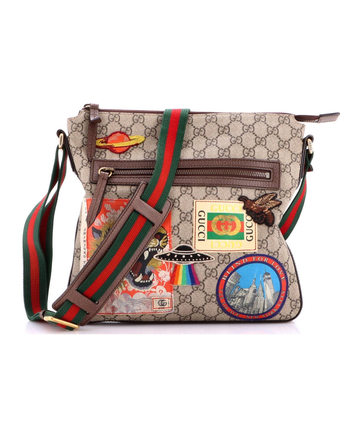 Pre-Owned Gucci Medium Courrier Zip Messenger Gg Coated Canvas with Applique - Brown