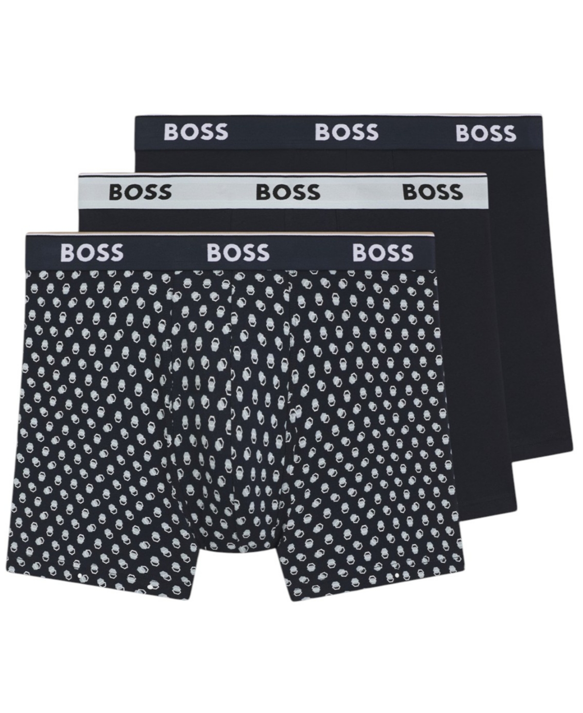 Boss by Hugo Boss Men's Power Cotton Stretch Exposed Elastic Waistband Boxer Briefs, 3-Pack - Dark Blue With Print