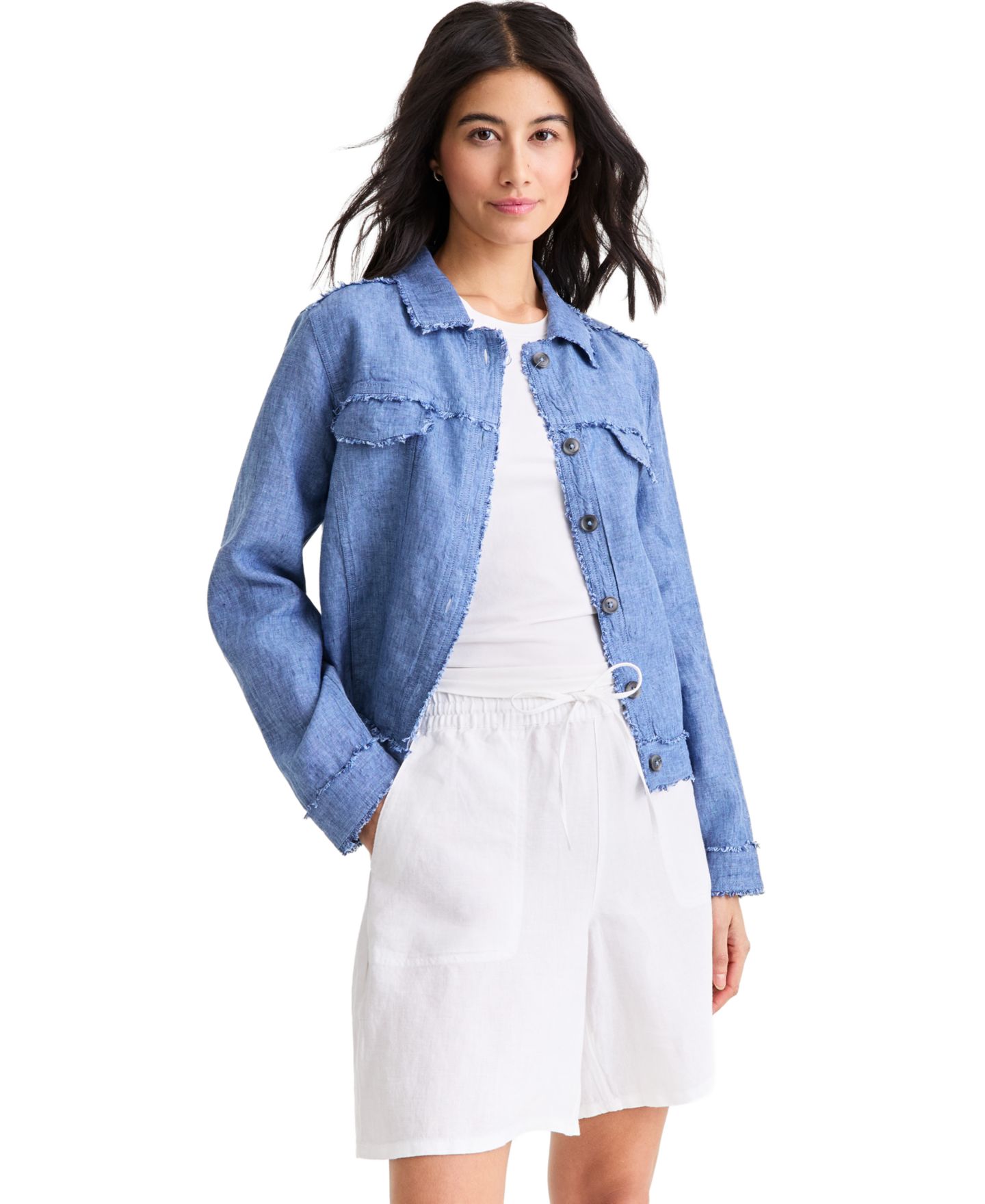 Женская куртка Charter Club Petite Fringe Long-Sleeve Linen, цвет: Синий океанский — фото 1