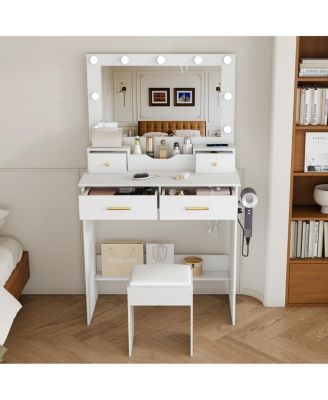 Makeup Vanity Desk with 9 Hollywood Bulbs, Mirror, 4 Drawers, Stool