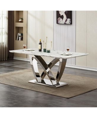 70" Modern Faux Marble Dining Table for 6 with Stainless Steel Base