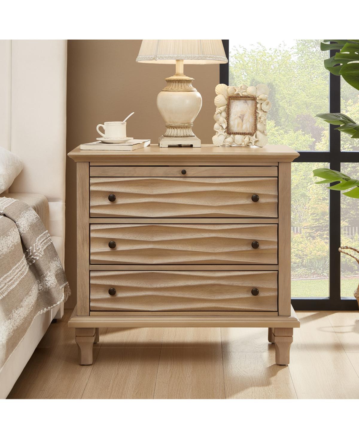 Streamdale Furniture 3 Drawer Nightstand with Charging Station and Wave-Textured Fronts - Natural