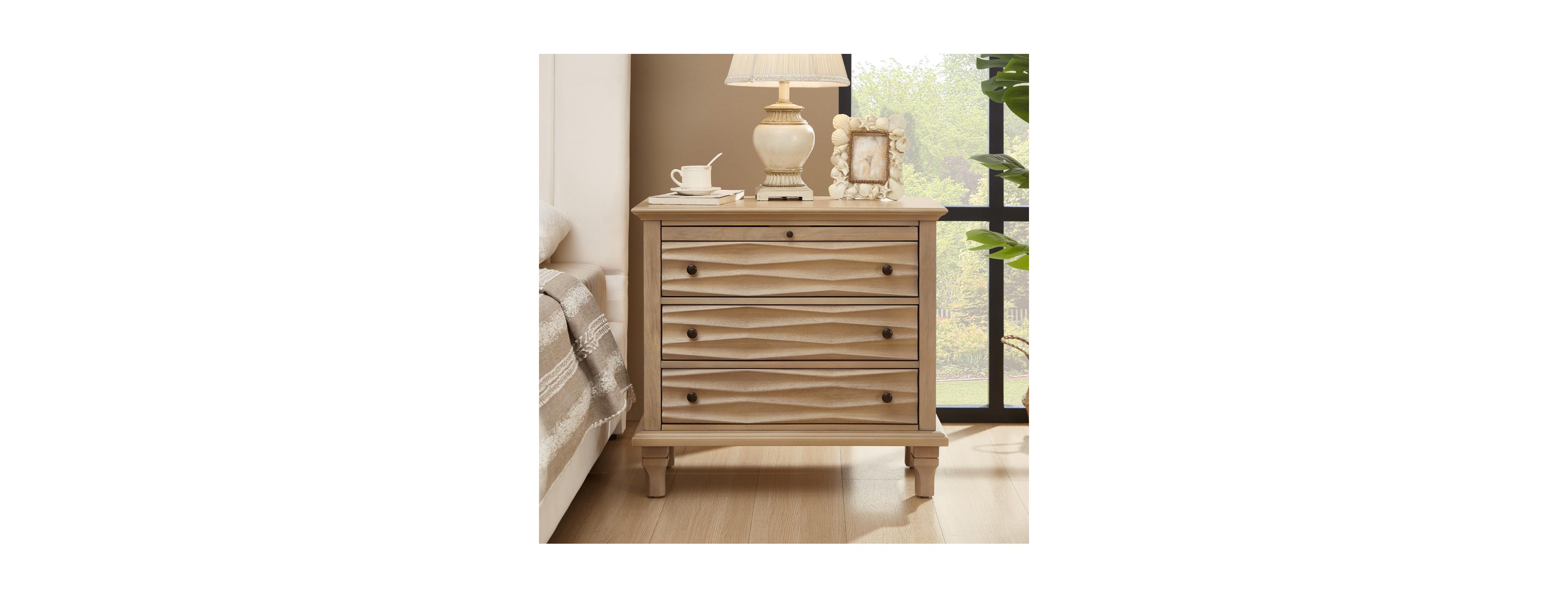 Streamdale Furniture 3 Drawer Nightstand with Charging Station and Wave-Textured Fronts