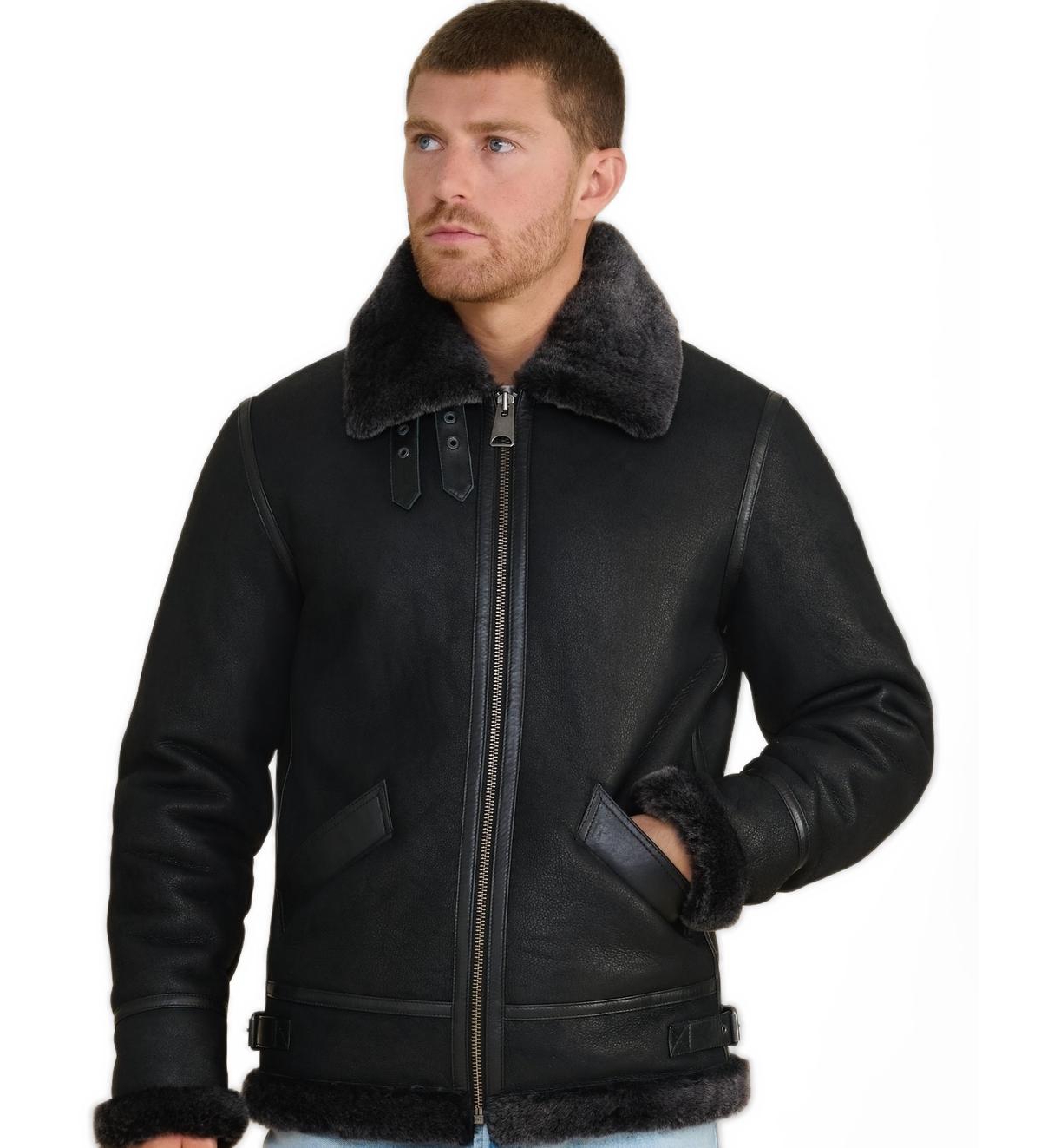 Furniq Uk Men's Shearling Aviator Jacket, Washed Brown with Ginger Curly Wool - Black