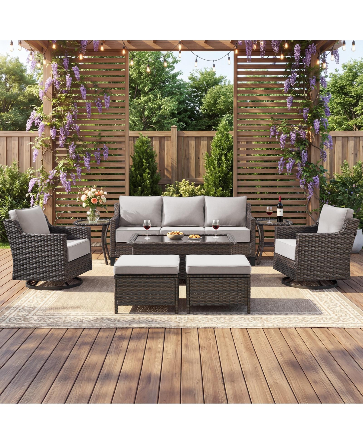 Pocassy Horiz 8-Piece Patio Furniture Set Wicker Swivel Rocking Chairs Outdoor Sofa Ottomans Coffee Side Table Conversation Set - Beige brown