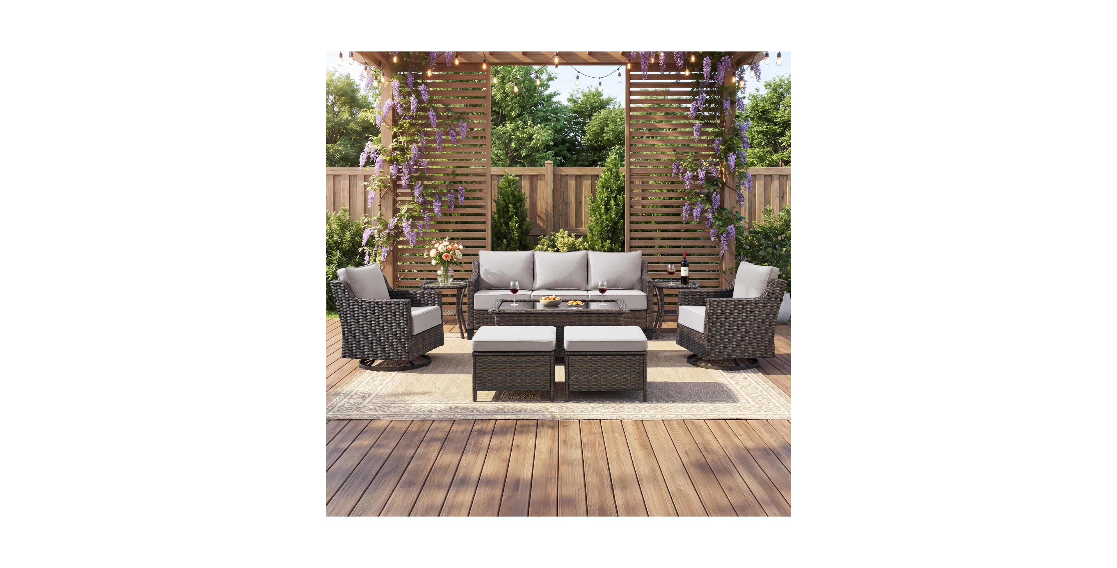 Pocassy Horiz 8-Piece Patio Furniture Set Wicker Swivel Rocking Chairs Outdoor Sofa Ottomans Coffee Side Table Conversation