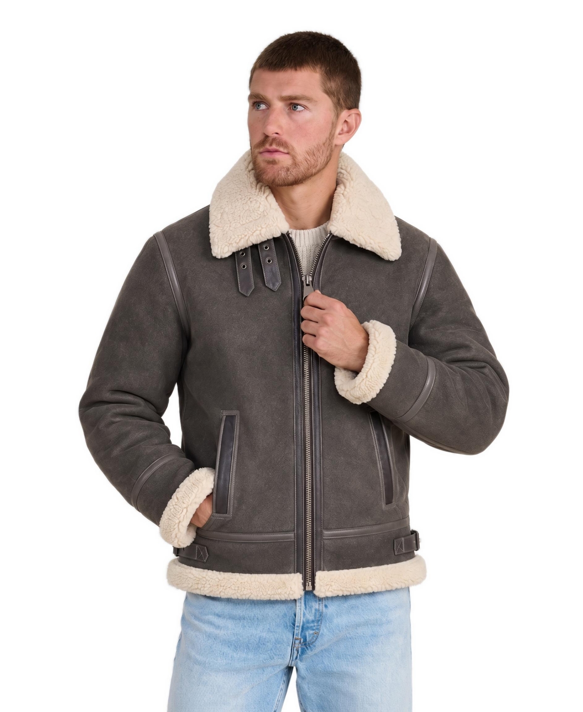 Furniq Uk Men's Shearling Aviator Jacket, Washed Brown with Ginger Curly Wool - Dark gray