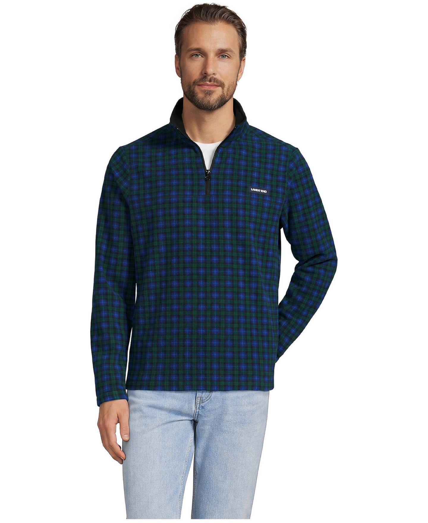 Мужской свитер Lands' End Big & Tall Anyweather Mock-Neck Fleece Quarter-Zip Pullover, цвет: Сосновый клетчатый — фото 1