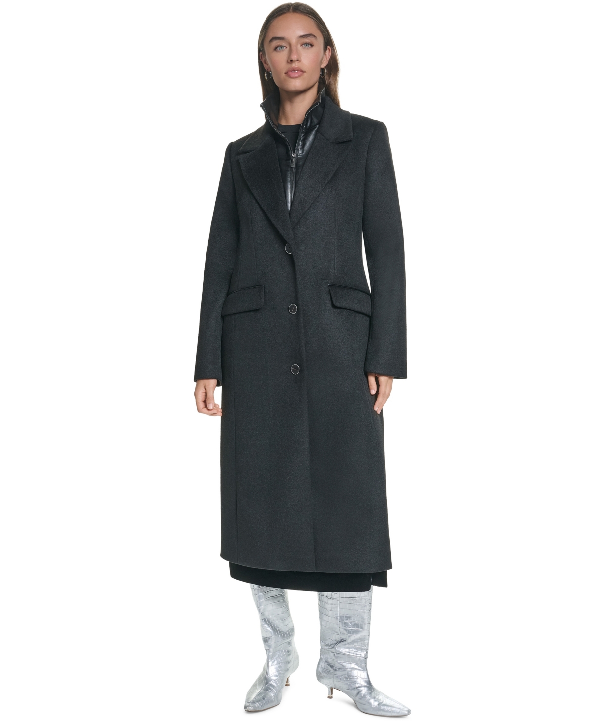 Kenneth Cole Women's Mixed Media Bibbed Coat - BLACK