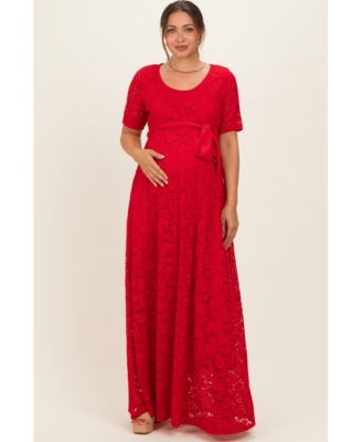 Maternity Lace Empire-Waist Sash-Tie Scoop-Neck Gown