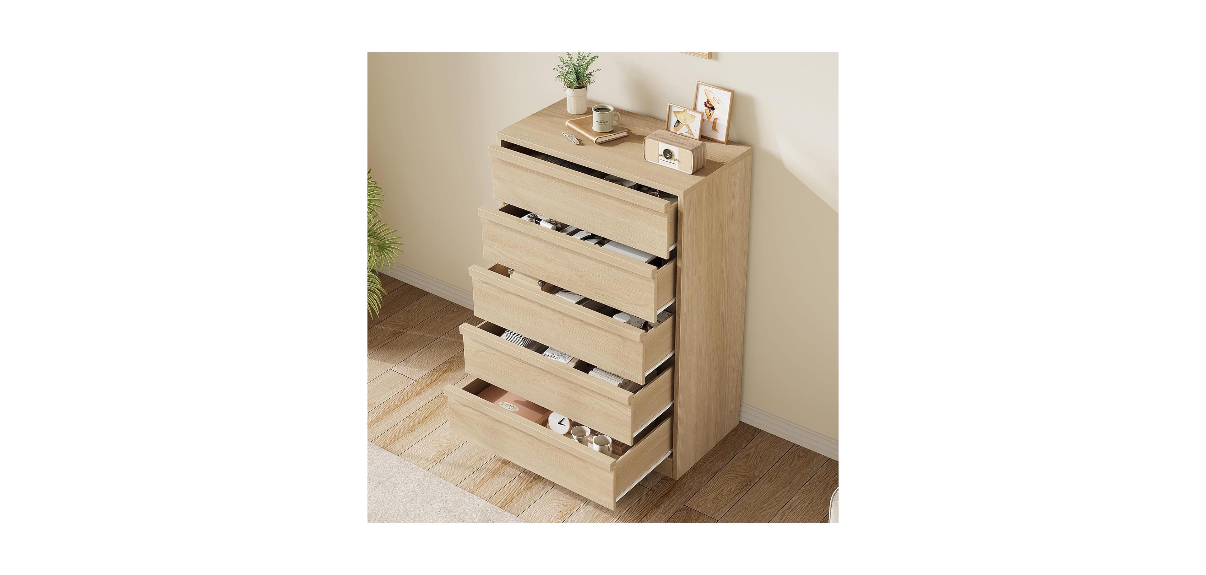 homfan 5-Drawer Wooden Tall Dresser, Modern Chest of Drawers, Wooden Handles