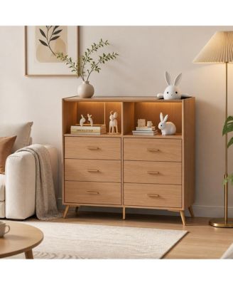 6-Drawer Changing Table Dresser with LED Light for Baby Nursery, Modern Nursery Dresser with Removable Changing Top