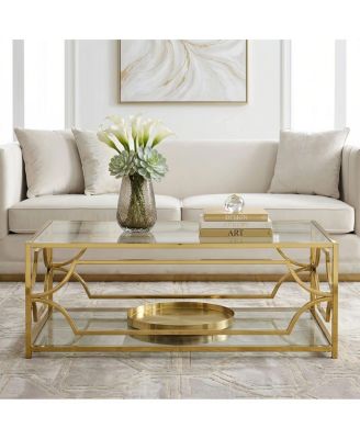 Modern Gold Glass Rectangle Coffee Table with Metal Frame