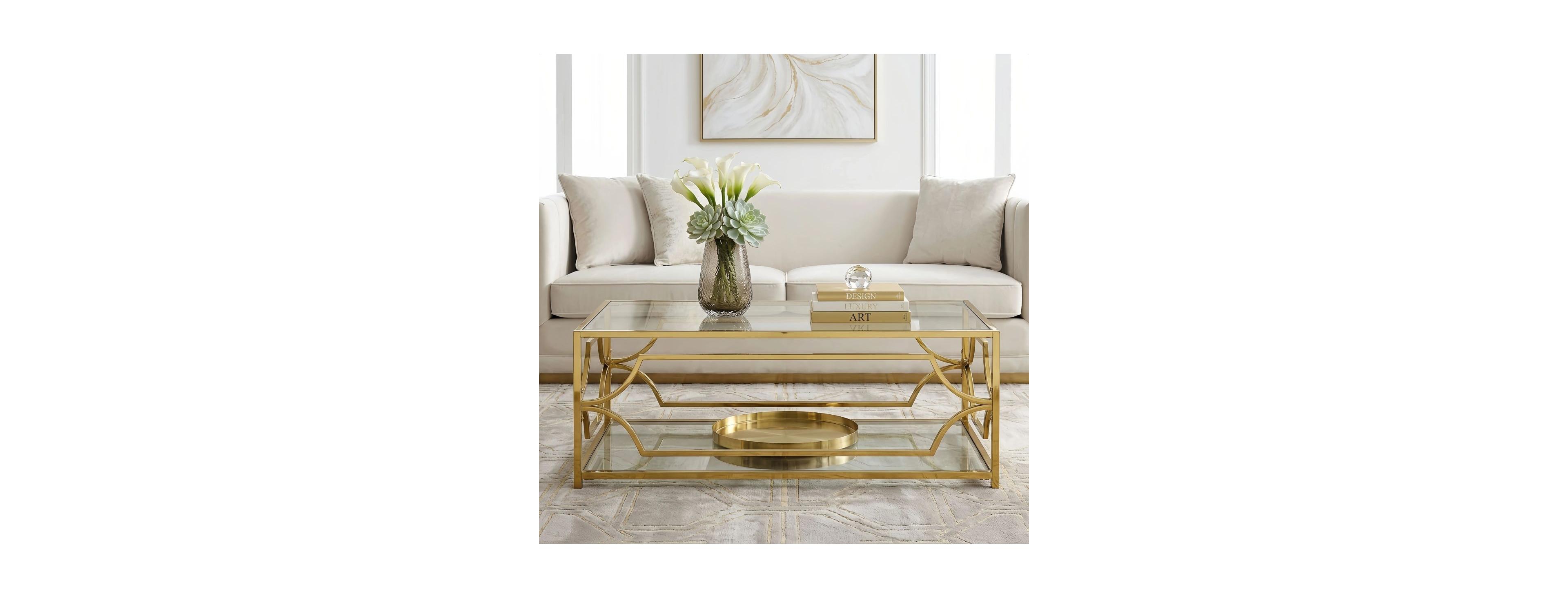 Streamdale Furniture Modern Gold Glass Rectangle Coffee Table with Metal Frame