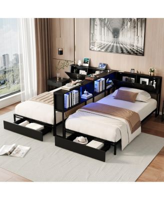  2 Twin Metal Platform Bed with Storage, LED Lights and Drawers