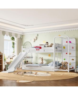Full Metal Loft Bed with Slide, Basketball Hoop and Bookshelves