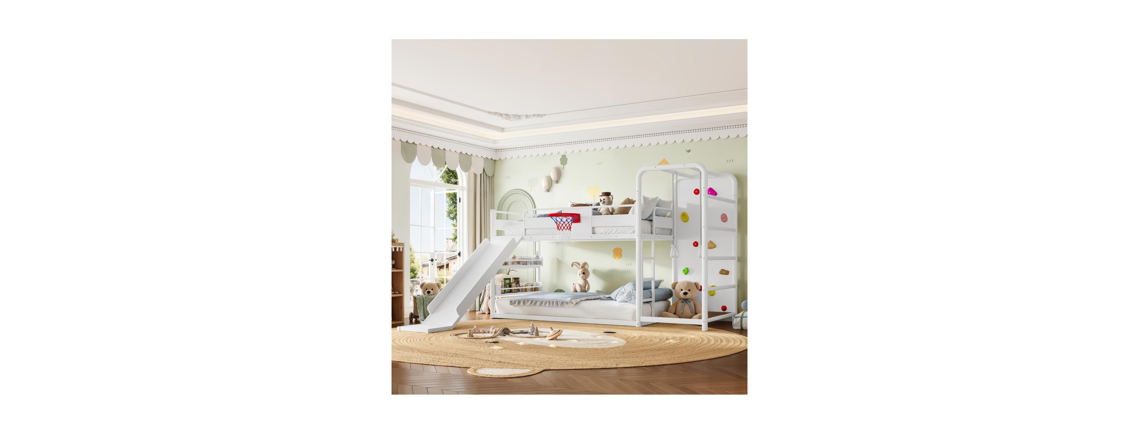 Streamdale Furniture Full Metal Loft Bed with Slide, Basketball Hoop and Bookshelves
