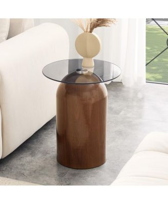Modern Glass Round Coffee Table with Walnut Wood Base