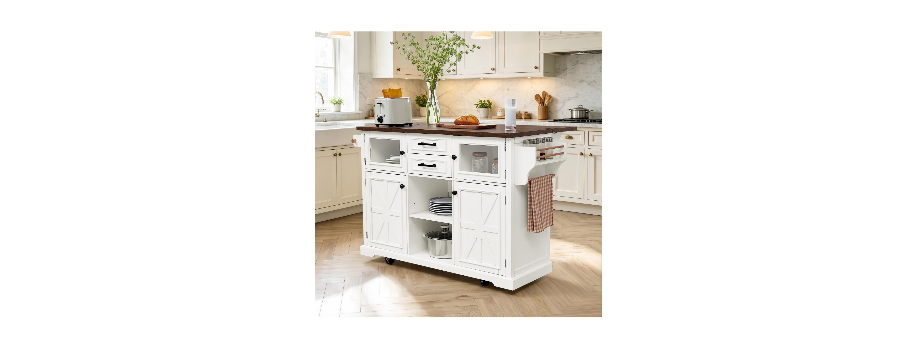Streamdale Furniture 47.2" Kitchen Island Cart with Drop Leaf, Power Outlet and Storage