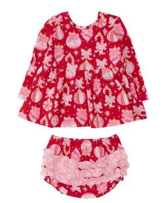 Baby Girls' Holly Ornament Bows Knit Long-Sleeve Ruffle Detail Top and Bloomers, 2-Piece Set