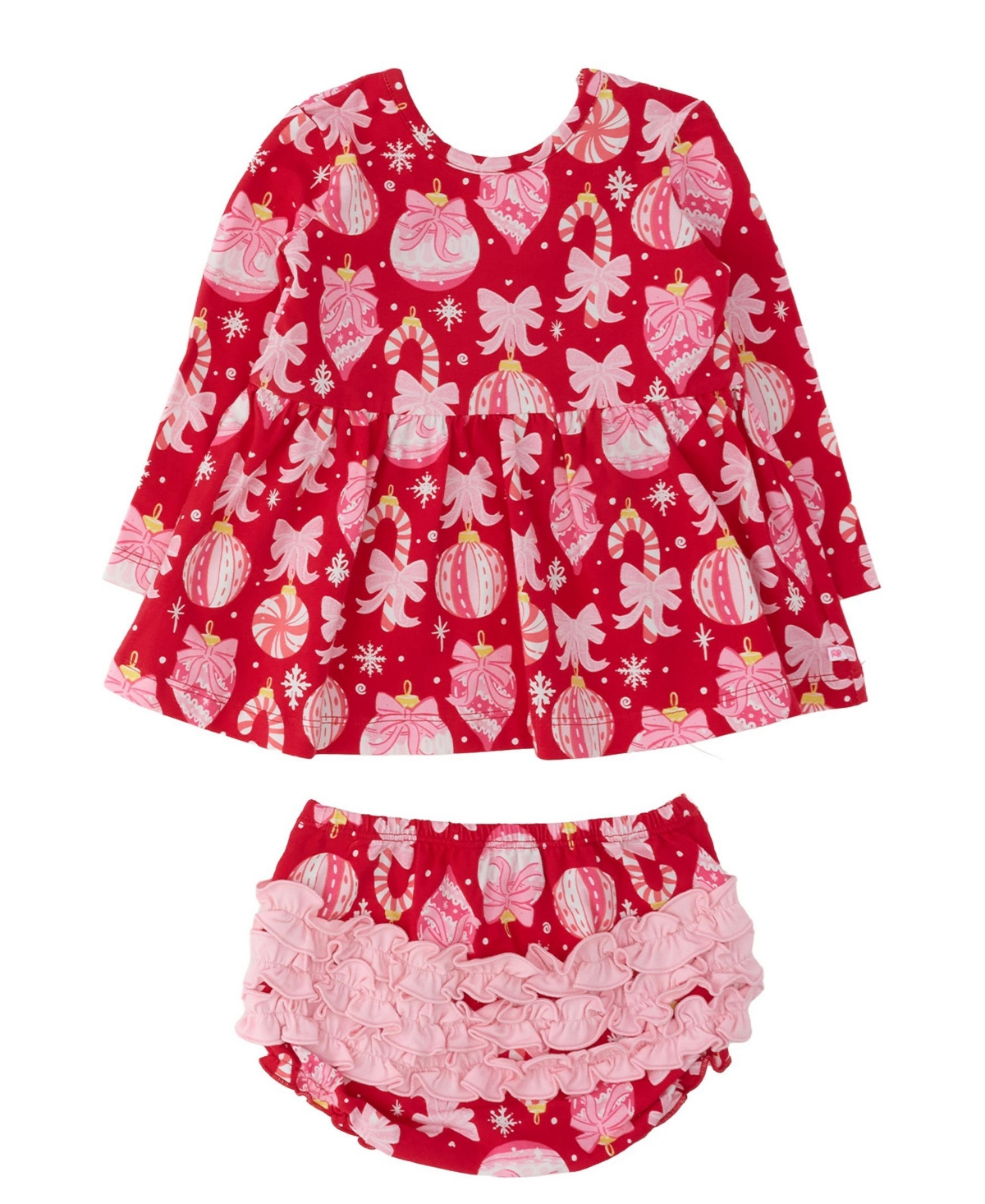 RuffleButts Baby Girls' Holly Ornament Bows Knit Long-Sleeve Ruffle Detail Top and Bloomers, 2-Piece Set
