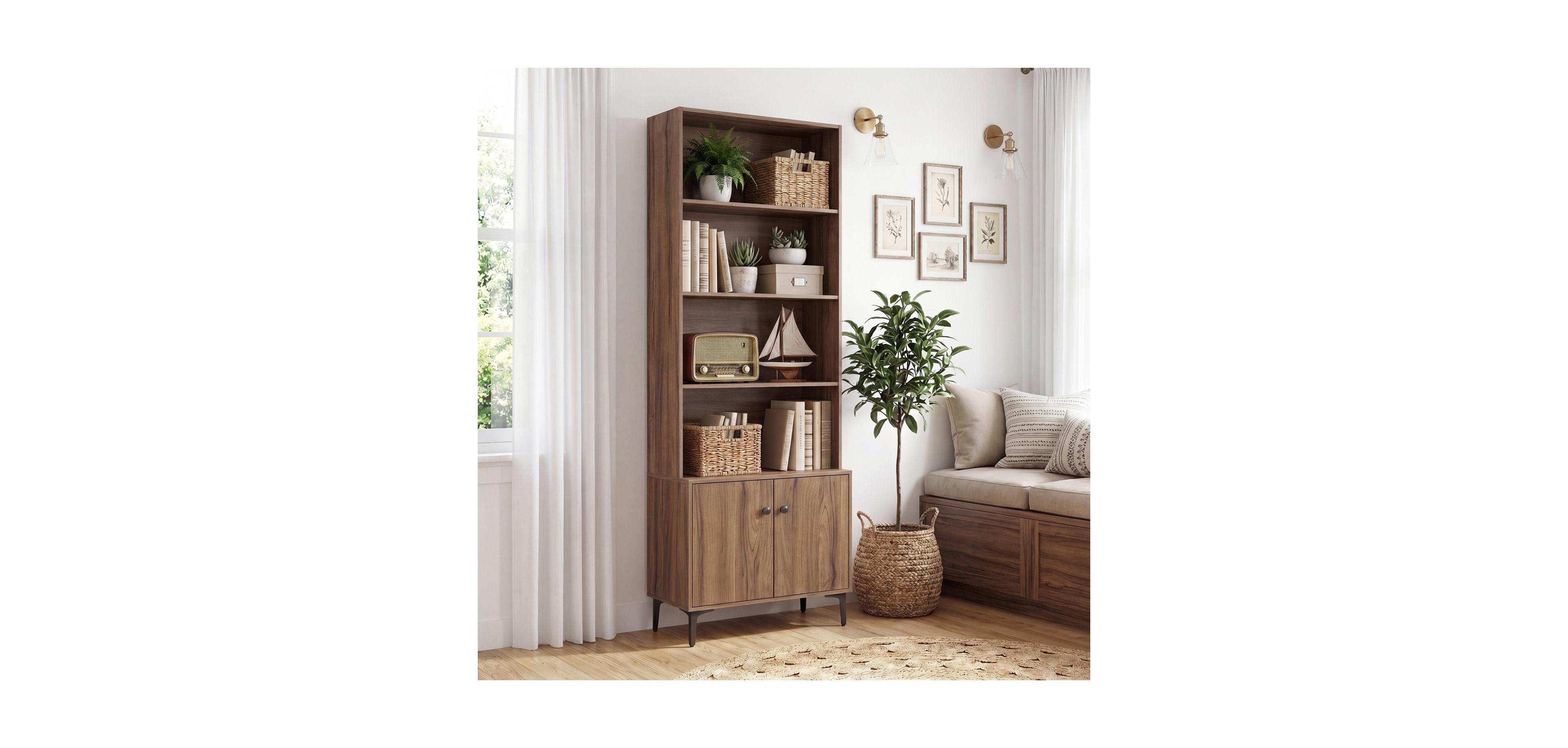 Boyel Living Tall Bookcase with Open Display Shelves, Enclosed Cabinet and Anti-Tip Kit