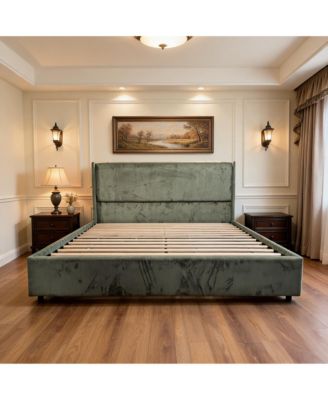 Size Upholstered Corduroy Storage Bed Frame with 4 Drawers, Tall Headboard, No Box Spring Needed