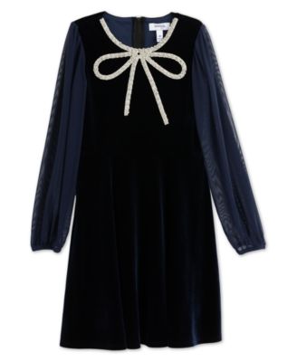 Girls' 7-16 Long-Sleeve Fit & Flare Knee-Length Velvet Dress