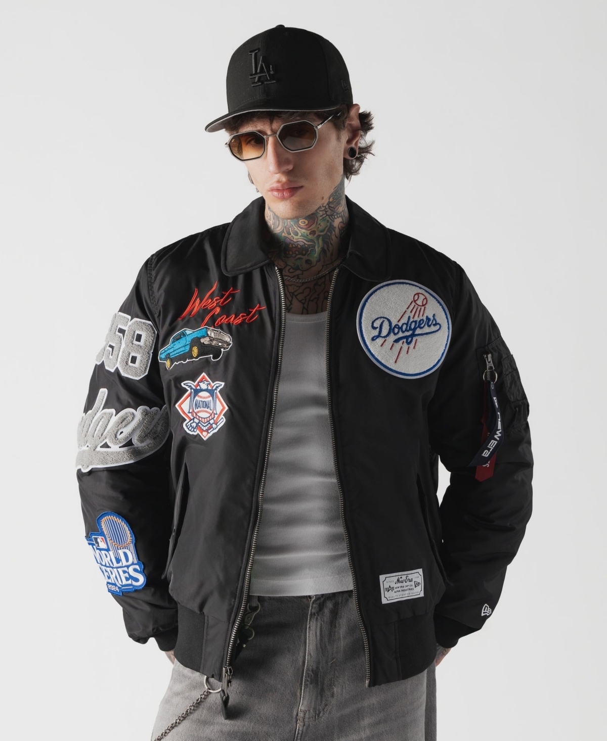 New Era Men's x Alpha Industries Black Los Angeles Dodgers Ma-1 Full-Zip Bomber Jacket - Black
