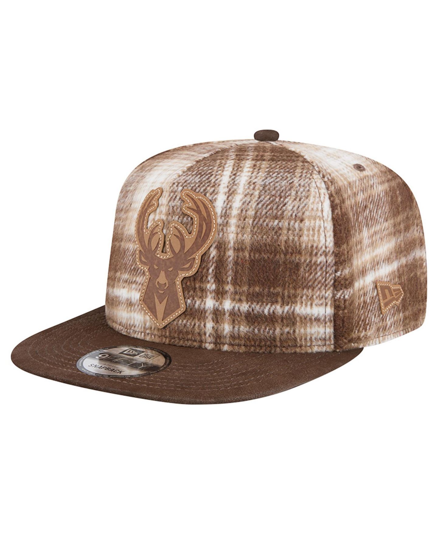 Мужская кепка New Era Brown Milwaukee Bucks Plaid 9FIFTY A-Frame Adjustable Hat — фото 1