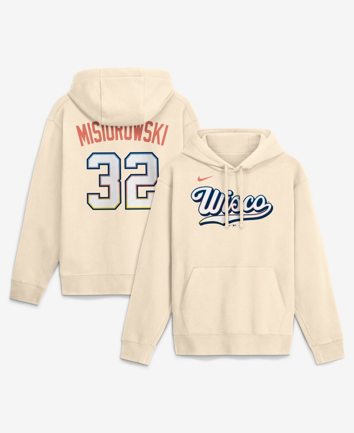 Nike Men's Jacob Misiorowski Cream Milwaukee Brewers Name & Number Club Fleece Pullover Hoodie - Cream