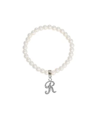 White Imitation Pearl Bead Initial Charm Stretch Bracelet