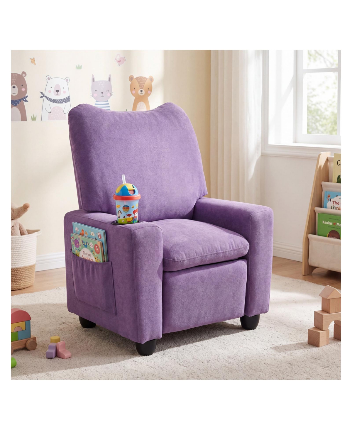 Mecale Kids Chenille Recliner with Cup Holder and 2 Side Pockets - Purple