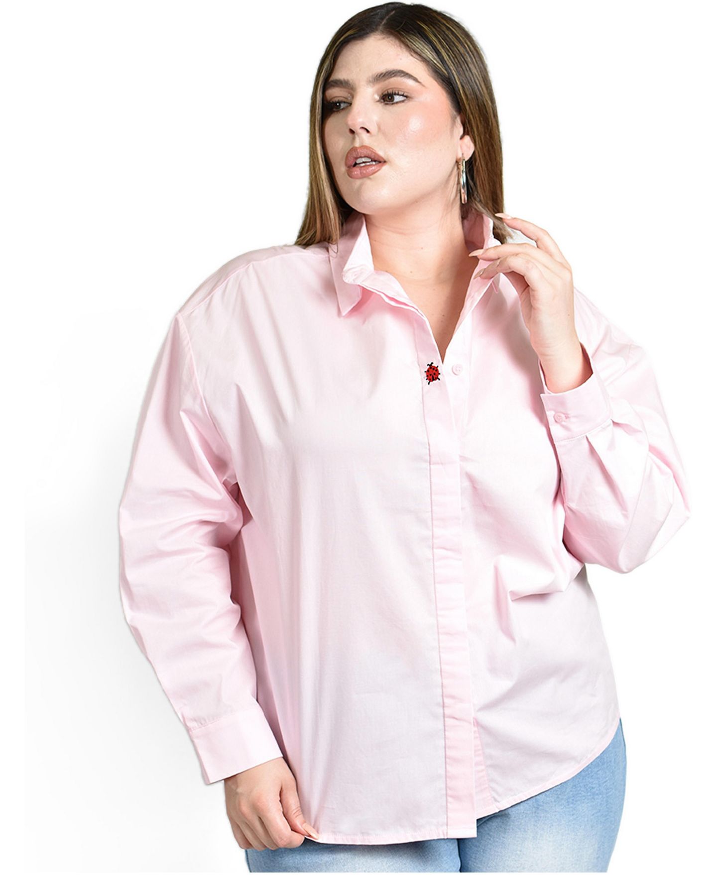 Женская рубашка Roman Fashion Plus Size Long-Sleeve Collared Ladybug-Embroidered, цвет: Розовый — фото 1