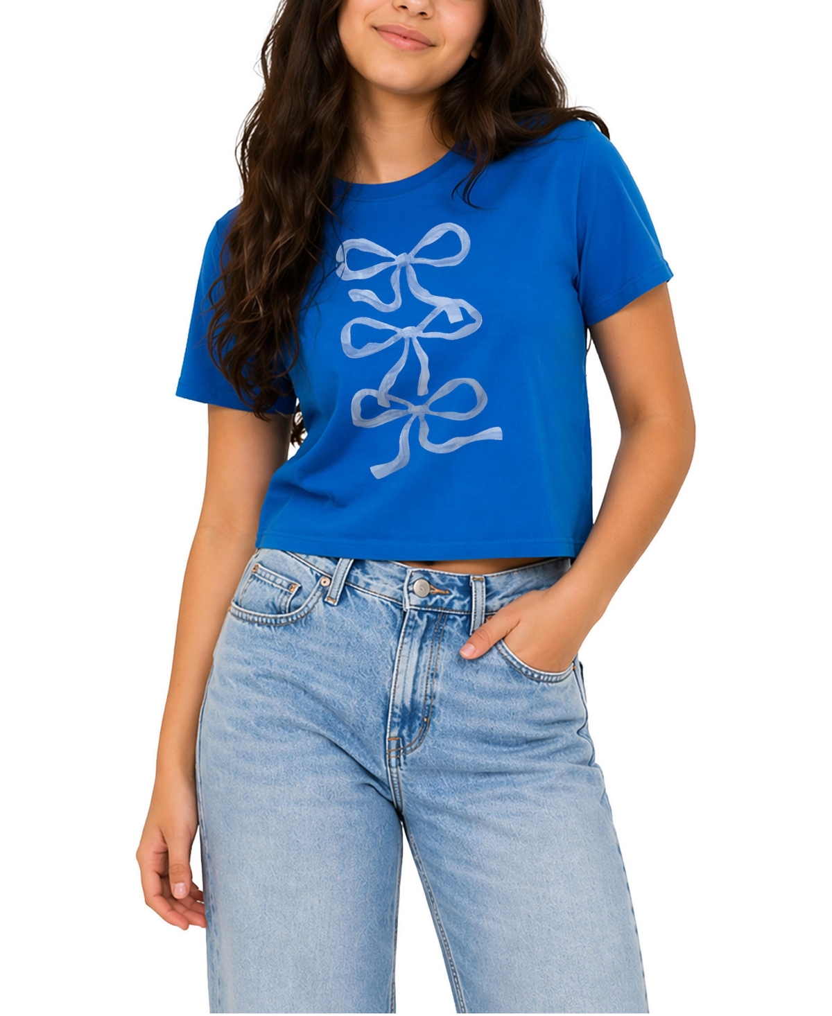 Instant Message Women's Blue Bows Cropped Graphic T-Shirt - Royal blue