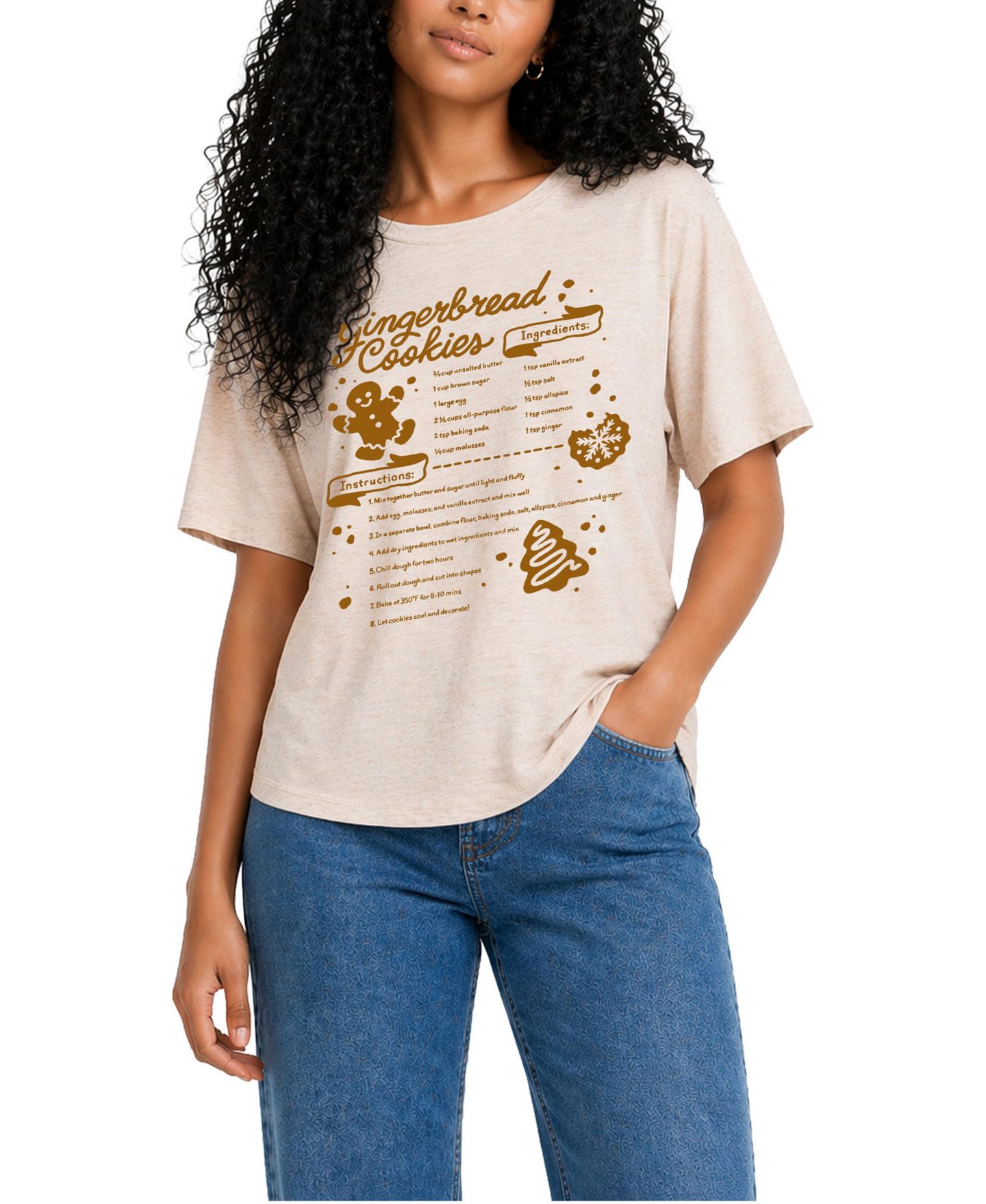 Женская футболка Instant Message Gingerbread Cookie Recipe Oversized Graphic Crewneck, цвет: Берёзовый — фото 1