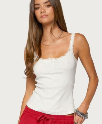 Women's Contrast Stitched Lacey Henley Top
