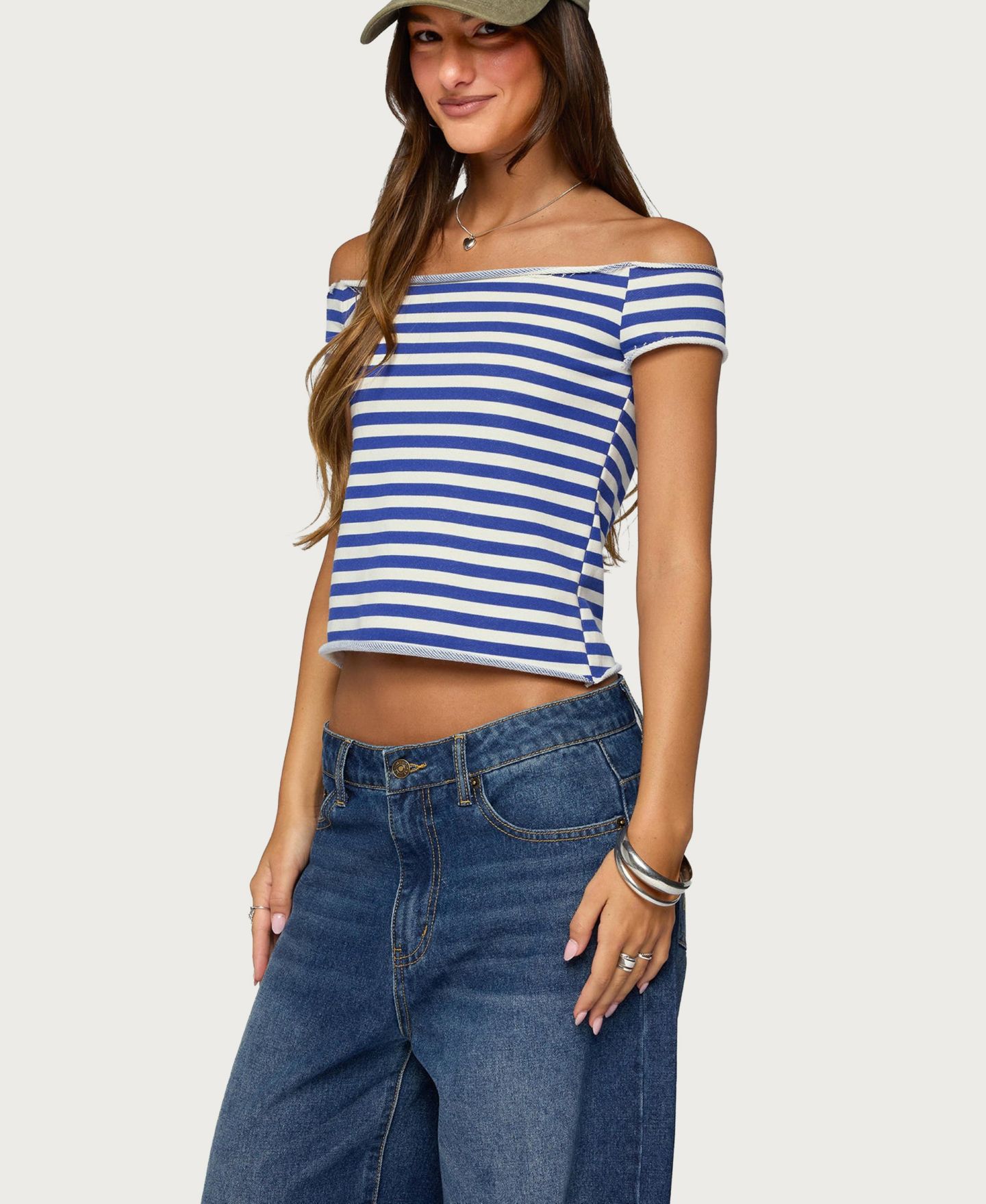 Женский топ Edikted French Terry Striped Off Shoulder, цвет: Синий белый — фото 2