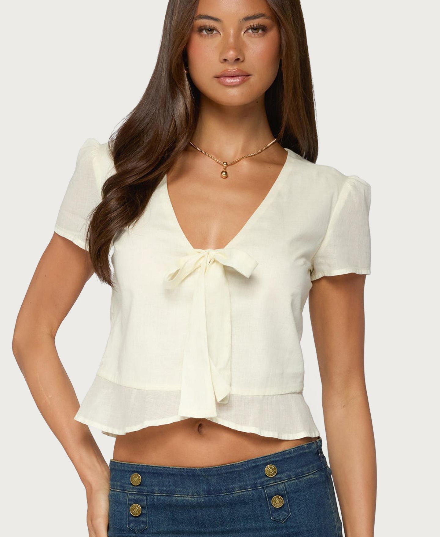 Женский топ Edikted Rhorie Cotton Button Up, цвет: Кремовый — фото 1