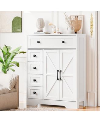 Farmhouse Bathroom Storage Cabinet with 2 Doors and 5 Drawers