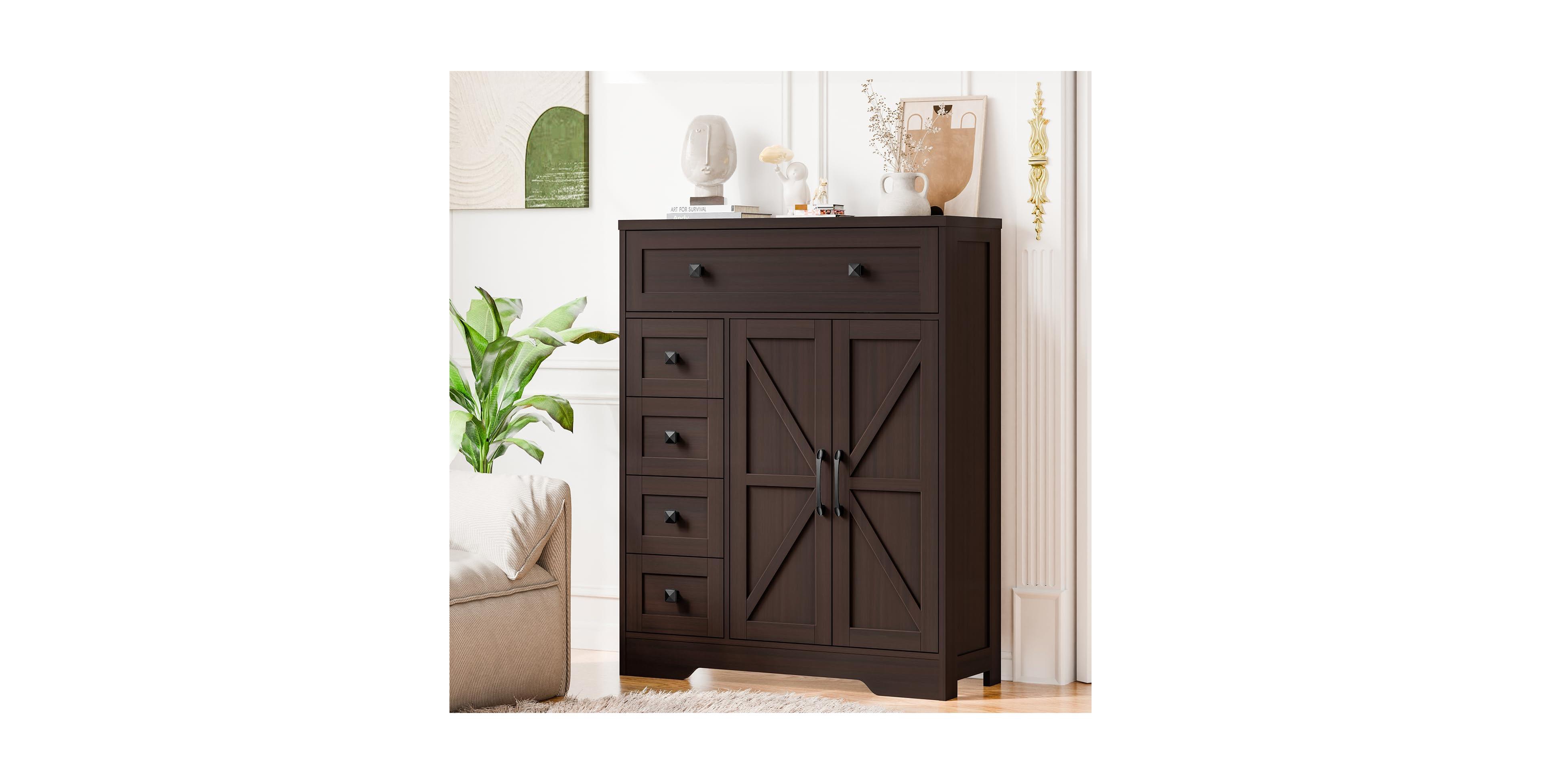 Vabches Farmhouse Bathroom Storage Cabinet with 2 Doors and 5 Drawers