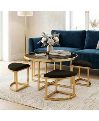 5-Piece 31 in x 31 in x 17 in Tempered Glass and Gold Metal Space-Saving Nesting Coffee Table Set