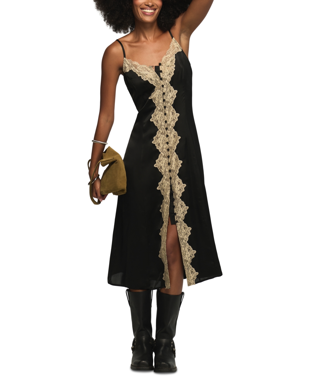 Lucky Brand Women's Simone V-Neck Lace-up Back Midi Slip Dress - Black